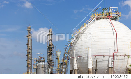Industrial gas storage sphere tank at oil and gas refinery and petrochemical plant under blue sky, Oil and gas refinery plant and petrochemical industry infrastructure with gas storage tank pipeline. 139038482