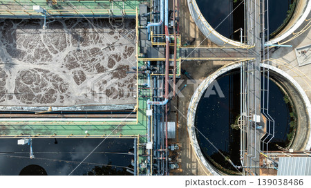 Sewage treatment plant, Water treatment plant from industry factory, Wastewater treatment plants, Water supply water recycling plant for reuse, Aerial view. Sewage treatment plant, Water treatment plant from industry factory, Wastewater treatment plants, Water supply water recycling plant for reuse, Aerial view. 139038486