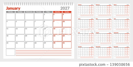 Calendar 2027 planner template. Week start on Monday. Set of 12 months. CMYK. Vector illustration for print Calendar 2027 planner template. Week start on Monday. Set of 12 months. CMYK. Vector illustration for print 139038656