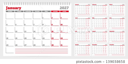 Calendar 2027 planner template. Week start on Monday. Set of 12 months. CMYK. Vector illustration for print Calendar 2027 planner template. Week start on Monday. Set of 12 months. CMYK. Vector illustration for print 139038658