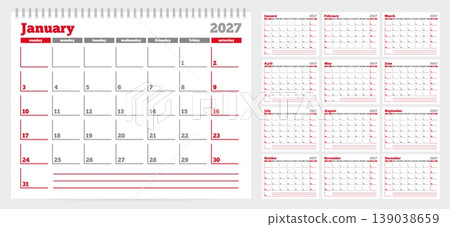 Calendar 2027 planner template. Week start on Sunday. Set of 12 months. CMYK. Vector illustration for print Calendar 2027 planner template. Week start on Sunday. Set of 12 months. CMYK. Vector illustration for print 139038659