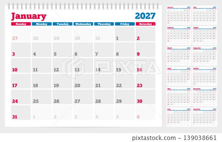 Calendar 2027 planner template. Week start on Sunday. Set of 12 months. CMYK. Vector illustration for print Calendar 2027 planner template. Week start on Sunday. Set of 12 months. CMYK. Vector illustration for print 139038661