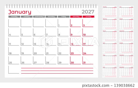 Calendar 2027 planner template. Week start on Monday. Set of 12 months. CMYK. Vector illustration for print Calendar 2027 planner template. Week start on Monday. Set of 12 months. CMYK. Vector illustration for print 139038662