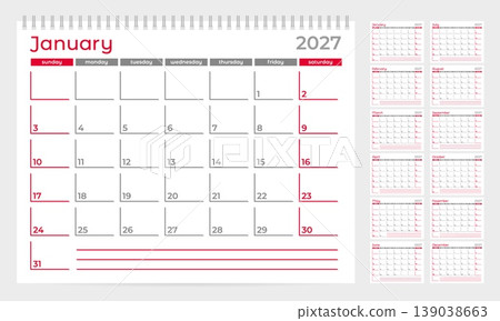 Calendar 2027 planner template. Week start on Sunday. Set of 12 months. CMYK. Vector illustration for print Calendar 2027 planner template. Week start on Sunday. Set of 12 months. CMYK. Vector illustration for print 139038663