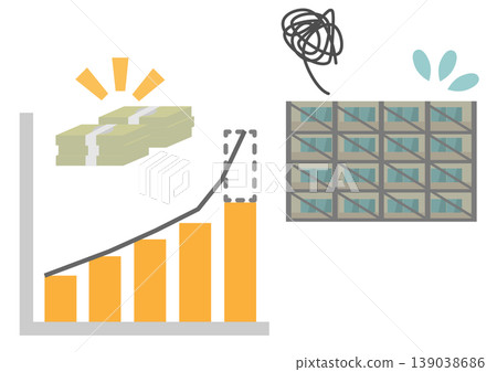 A graph illustrating a shortage of repair reserve funds and an illustration of a condominium with scaffolding. A graph illustrating a shortage of repair reserve funds and an illustration of a condominium with scaffolding. 139038686