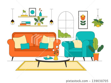 Living Room Vector Illustration of Modern Interior Design Featuring Sofa Coffee Table Plants Lighting and Cozy Home Decor Background Living Room Vector Illustration of Modern Interior Design Featuring Sofa Coffee Table Plants Lighting and Cozy Home Decor Background 139038705