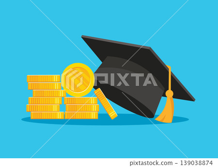 Graduation cap with money and coins for education investment 139038874