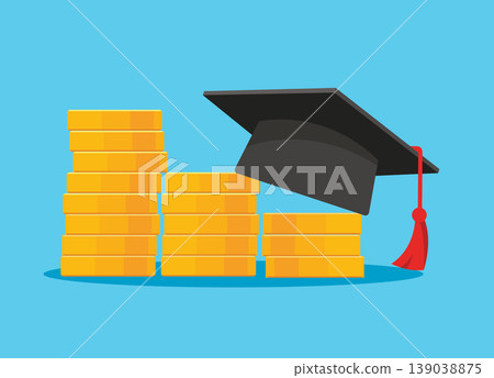 Graduation cap with money and coins for education investment 139038875