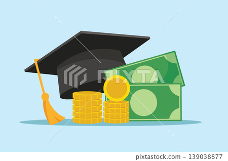 Graduation cap with money and coins for education investment 139038877