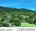 美麗的日本風景，以藍天、山脊、巨石和花園樹木為背景，展現了日式花園的景色。 139038900