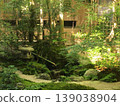 侘寂之美的花園景色，苔蘚覆蓋的岩石、水盆、石燈籠，以及透過樹木灑下的陽光。 139038904