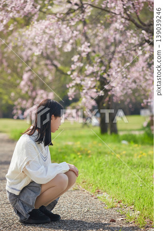 春假期間，一群國中女生在公園欣賞櫻花。 139039246