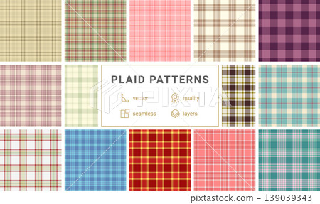 Timeless plaid pattern pack for multipurpose use. Classic tartan designs adapt print and web. Vector quality remains stable. 139039343