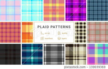 Decorative plaid pattern bundle for autumn gift wrap. Coordinated tartan designs enhance presentation. Seamless vectors align edges. 139039369