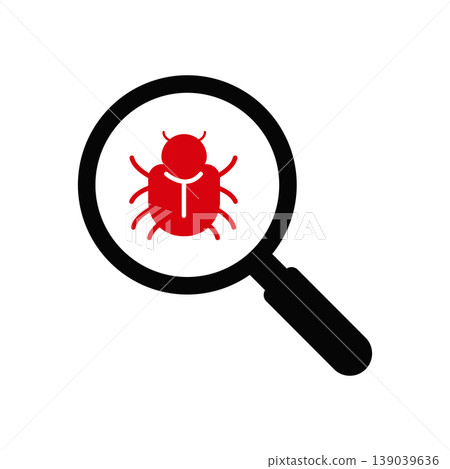 Bug detection concept with magnifying glass. Cybersecurity and malware analysis icon Bug detection concept with magnifying glass. Cybersecurity and malware analysis icon 139039636