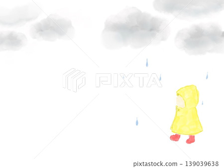 一幅水彩畫,描繪了一個孩子在下雨天穿著黃色雨衣和紅色雨靴,背景是雨季的雨雲。 一幅水彩畫,描繪了一個孩子在下雨天穿著黃色雨衣和紅色雨靴,背景是雨季的雨雲。 139039638