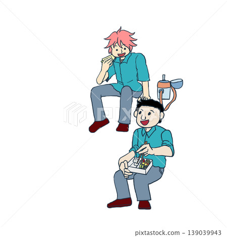 Full-body illustration of two male students in their school uniforms sitting and happily chatting while eating a meal. Full-body illustration of two male students in their school uniforms sitting and happily chatting while eating a meal. 139039943