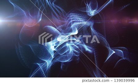 Abstract blue particle ribbons swirling in dark space with lens flare, glowing digital energy flow and futuristic technology background Abstract blue particle ribbons swirling in dark space with lens flare, glowing digital energy flow and futuristic technology background 139039996