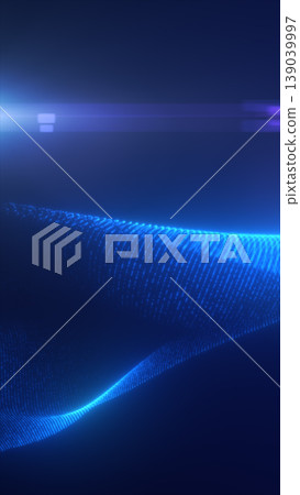 Abstract blue particle wave made of glowing dots on a dark background, creating a futuristic data flow and digital motion landscape Abstract blue particle wave made of glowing dots on a dark background, creating a futuristic data flow and digital motion landscape 139039997