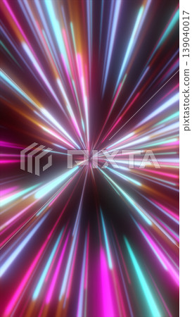 Colorful neon light streaks radiating from center, abstract warp speed starburst with motion blur background Colorful neon light streaks radiating from center, abstract warp speed starburst with motion blur background 139040017