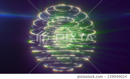 Glowing green and purple holographic sphere made of stacked light rings and beams, futuristic abstract sci-fi background Glowing green and purple holographic sphere made of stacked light rings and beams, futuristic abstract sci-fi background 139040024