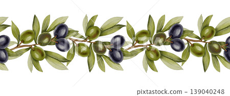 Decorative watercolor seamless border with black and green olives on branches. Olive branches, leaves and fruits. Watercolor hand drawn illustration. For menu, packaging design, wedding invitation Decorative watercolor seamless border with black and green olives on branches. Olive branches, leaves and fruits. Watercolor hand drawn illustration. For menu, packaging design, wedding invitation 139040248