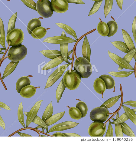 A seamless watercolor pattern with hand-drawn green olives, olive branches, and leaves. Food illustration. Perfect for fabric, packaging, and design. A seamless watercolor pattern with hand-drawn green olives, olive branches, and leaves. Food illustration. Perfect for fabric, packaging, and design. 139040256