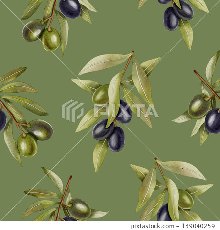 A seamless watercolor pattern with hand drawn green and black olives, olive branches, and leaves. Food illustration. Perfect for fabric, packaging, and design. A seamless watercolor pattern with hand drawn green and black olives, olive branches, and leaves. Food illustration. Perfect for fabric, packaging, and design. 139040259