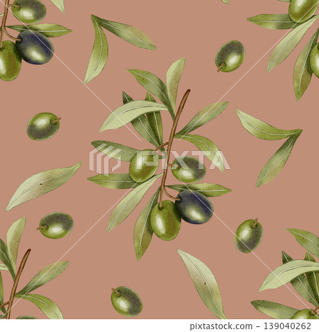 Green Olives. A seamless watercolor pattern with hand-drawn green olives, olive branches, and leaves. Food illustration. Perfect for fabric, packaging, and design. 139040262
