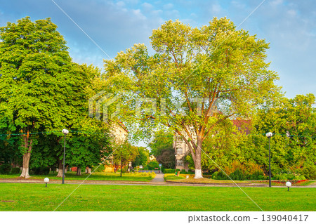 uzhhorod, ukraine - jun 03 2012: street of the old city in summer. path through park near narodna square in morning light. peaceful view of city scene for travel background. lush park lawns uzhhorod, ukraine - jun 03 2012: street of the old city in summer. path through park near narodna square in morning light. peaceful view of city scene for travel background. lush park lawns 139040417