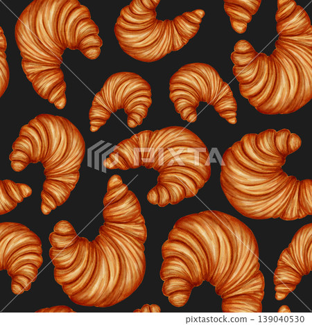 Watercolor seamless pattern with hand-drawn croissants. Perfect for bakeries, cafes, packaging, branding, menu design, cookbooks, and recipes. Dessert. Baked goods. Watercolor seamless pattern with hand-drawn croissants. Perfect for bakeries, cafes, packaging, branding, menu design, cookbooks, and recipes. Dessert. Baked goods. 139040530
