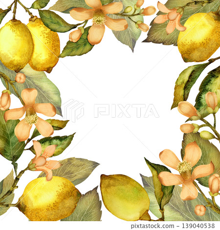 Square frame of lemons, leaves, and flowers. Watercolor illustration isolated on a white background Square frame of lemons, leaves, and flowers. Watercolor illustration isolated on a white background 139040538