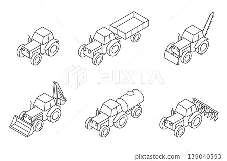 Isometric line tractor set with attachments. Isometric line tractor set with attachments. 139040593