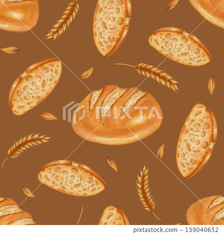 Seamless watercolor bread pattern with wheat and grains. White wheat bread. Perfect for bakeries, cafes, packaging, menus, food branding, and packaging. Hand-drawn illustration of baked goods. Seamless watercolor bread pattern with wheat and grains. White wheat bread. Perfect for bakeries, cafes, packaging, menus, food branding, and packaging. Hand-drawn illustration of baked goods. 139040652