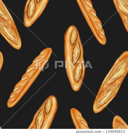 Seamless watercolor bread pattern. White French baguette. Perfect for bakeries, cafes, packaging, menus, food branding, and packaging. Hand-drawn illustration of baked goods. Seamless watercolor bread pattern. White French baguette. Perfect for bakeries, cafes, packaging, menus, food branding, and packaging. Hand-drawn illustration of baked goods. 139040653