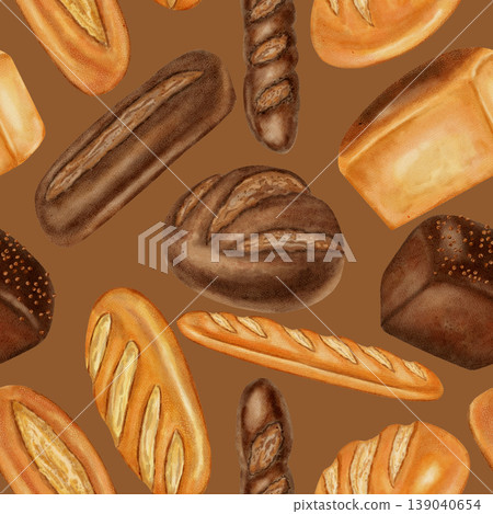 Watercolor seamless pattern with different loaves of bread. White and dark bread. Perfect for bakeries, coffee shops, menu design, packaging, store branding, backgrounds, cookbooks, and recipes. 139040654