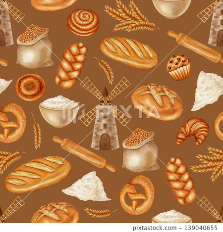 Watercolor seamless pattern with bread, pastries, flour, and a mill. Perfect for bakeries, cafes, packaging, branding, menu design, cookbooks, and recipes. Harvest. Bakery products. 139040655