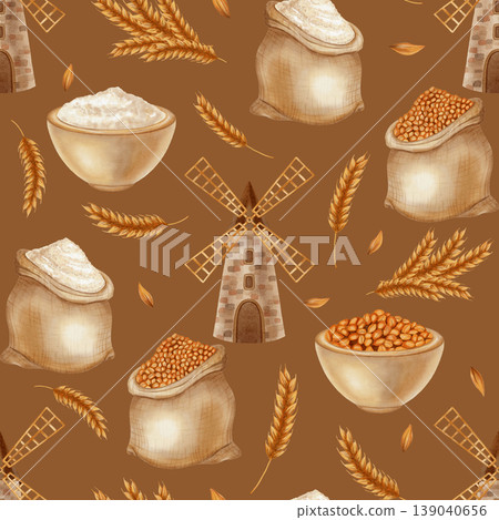A seamless watercolor pattern featuring a mill, sacks of flour, grain, and wheat. Agriculture. Harvest. Food. Perfect for bakeries, cafes, menus, packaging, and farm branding. A seamless watercolor pattern featuring a mill, sacks of flour, grain, and wheat. Agriculture. Harvest. Food. Perfect for bakeries, cafes, menus, packaging, and farm branding. 139040656