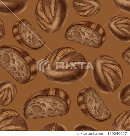 Watercolor seamless pattern with loaves of black bread. Rye bread. Perfect for bakeries, coffee shops, menu design, packaging, store branding and backgrounds, cookbooks, and recipes. 139040657