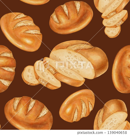 Seamless watercolor bread pattern with wheat and grains. White wheat bread. Perfect for bakeries, cafes, packaging, menus, food branding, and packaging. Hand-drawn illustration of baked goods. 139040658