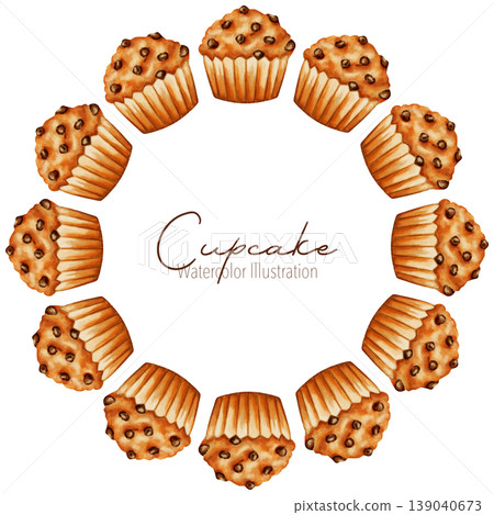 Watercolor illustration circular frame of assorted sweet cupcakes or muffins. Perfect for confectionery branding, dessert menus, party invitations, bakery branding, menu, cookbooks, recipes Watercolor illustration circular frame of assorted sweet cupcakes or muffins. Perfect for confectionery branding, dessert menus, party invitations, bakery branding, menu, cookbooks, recipes 139040673