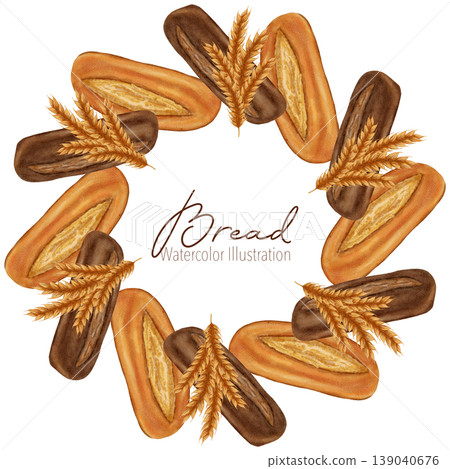 Watercolor illustration circular frame of various loaves of dark and white bread. Perfect for bakery branding, menu, food packaging, cookbooks, recipes, food markets, and cooking schools. Watercolor illustration circular frame of various loaves of dark and white bread. Perfect for bakery branding, menu, food packaging, cookbooks, recipes, food markets, and cooking schools. 139040676