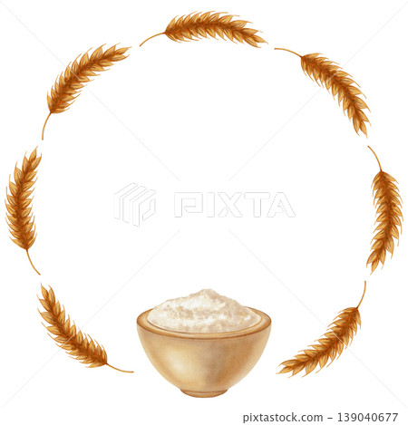 Watercolor illustration of a circular frame depicting a combination of wheat ears and flour. Perfect for bakery branding, menus, food packaging, cookbooks, recipes, harvest themes, and artisan baking 139040677