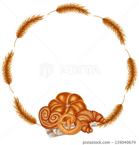 Watercolor illustration of a round frame depicting wheat ears and a loaf of bread and baked goods. Perfect for bakery branding, menus, food packaging, cookbooks, recipes, grocery stores Watercolor illustration of a round frame depicting wheat ears and a loaf of bread and baked goods. Perfect for bakery branding, menus, food packaging, cookbooks, recipes, grocery stores 139040679