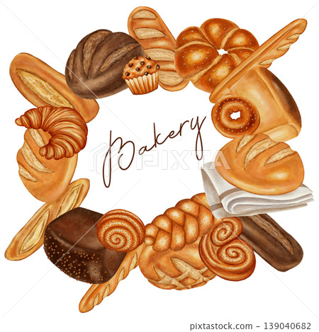 Watercolor illustration circular frame of various loaves of dark and white bread. Perfect for bakery branding, menu, food packaging, cookbooks, recipes, food markets, and cooking schools. Watercolor illustration circular frame of various loaves of dark and white bread. Perfect for bakery branding, menu, food packaging, cookbooks, recipes, food markets, and cooking schools. 139040682