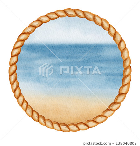 Watercolor sea beach landscape in round rope frame. Summer ocean view with blue water, sandy shore on white. Children's, nautical, travel themes. Suitable for design, prints, postcards, sea travel Watercolor sea beach landscape in round rope frame. Summer ocean view with blue water, sandy shore on white. Children's, nautical, travel themes. Suitable for design, prints, postcards, sea travel 139040802
