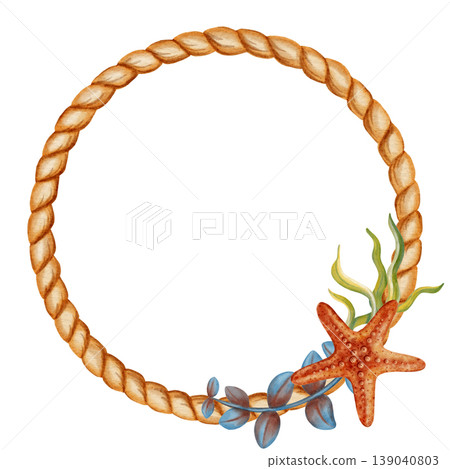 Nautical watercolor rope frame decorated with starfish, seashells and seaweed. Children's, nautical, travel themes. Suitable for design, prints, postcards, sea travel  139040803