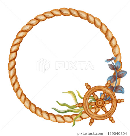 Watercolor frame made of marine rope with a lighthouse, steering wheel, anchor, spyglass, ship. Children's, nautical, travel themes. Suitable for design, prints, postcards, sea travel  139040804