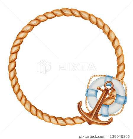 Watercolor frame made of marine rope with a lighthouse, steering wheel, anchor, spyglass, ship. Children's, nautical, travel themes. Suitable for design, prints, postcards, sea travel Watercolor frame made of marine rope with a lighthouse, steering wheel, anchor, spyglass, ship. Children's, nautical, travel themes. Suitable for design, prints, postcards, sea travel 139040805