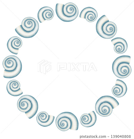 Watercolor wreath made of long spiral seashells. Round marine frame for nautical patterns and summer designs. Children's, nautical, travel themes. Suitable for design, prints, postcards, sea travel  139040808